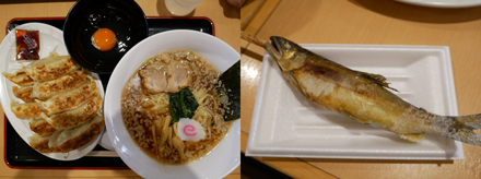 佐野サービスエリアの佐野ラーメン（と餃子と生卵）と鮎の塩焼き、いささか食べすぎ